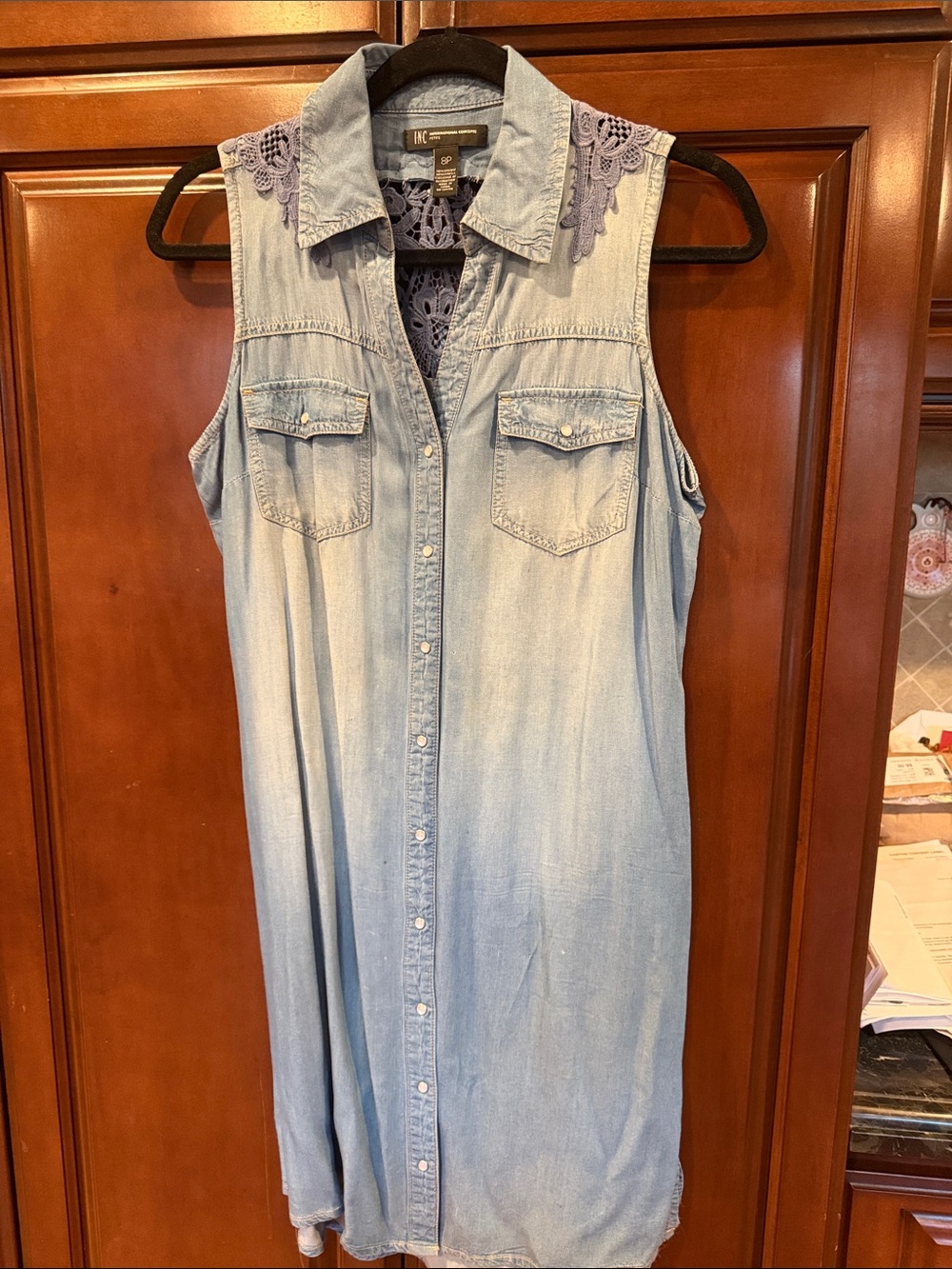 INC International Concepts Light Blue Denim Shirt Dress with Lace Yoke
